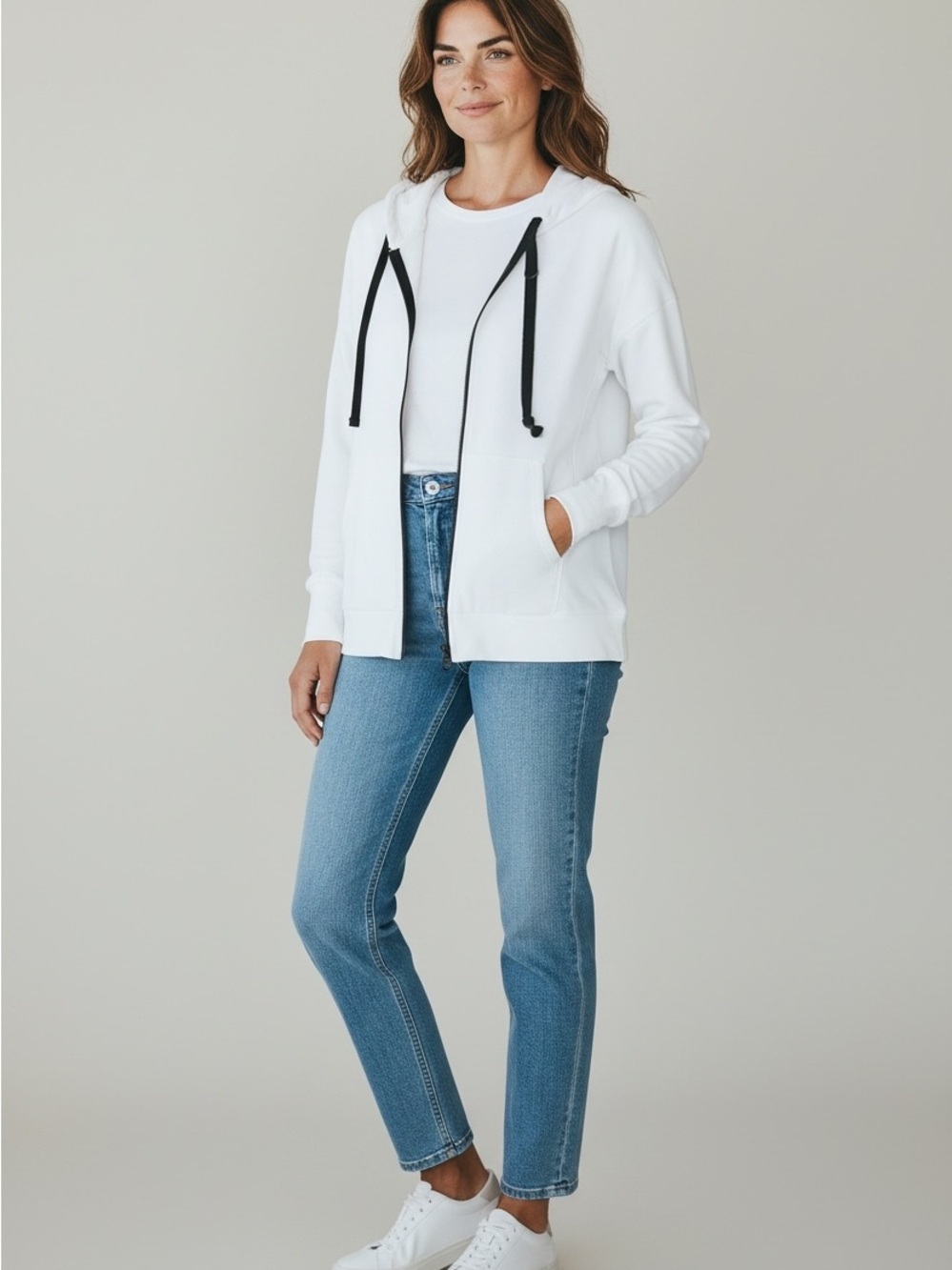 Fabletics White Zip Hoodie with Black Drawstrings
